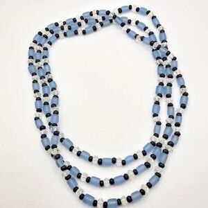 Long 48" Handmade Glass Bead Necklace Frosted Blue Faceted Clear and Black